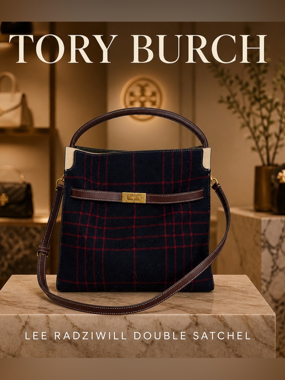 NWOT Tory Burch wool checkered suede leather Lee Radziwill double satchel